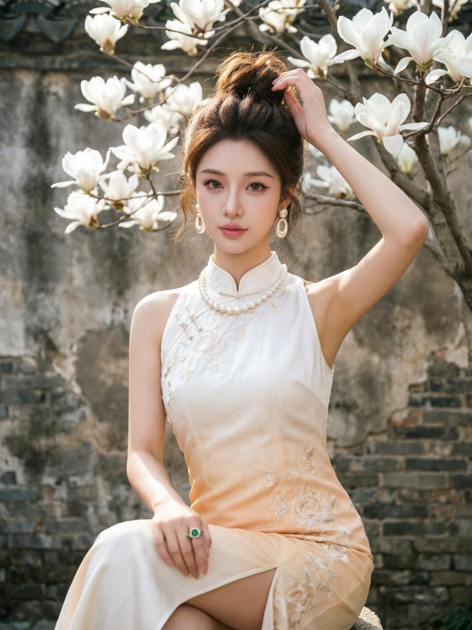 优雅旗袍与盛开木兰花，古典与现代的完美融合。