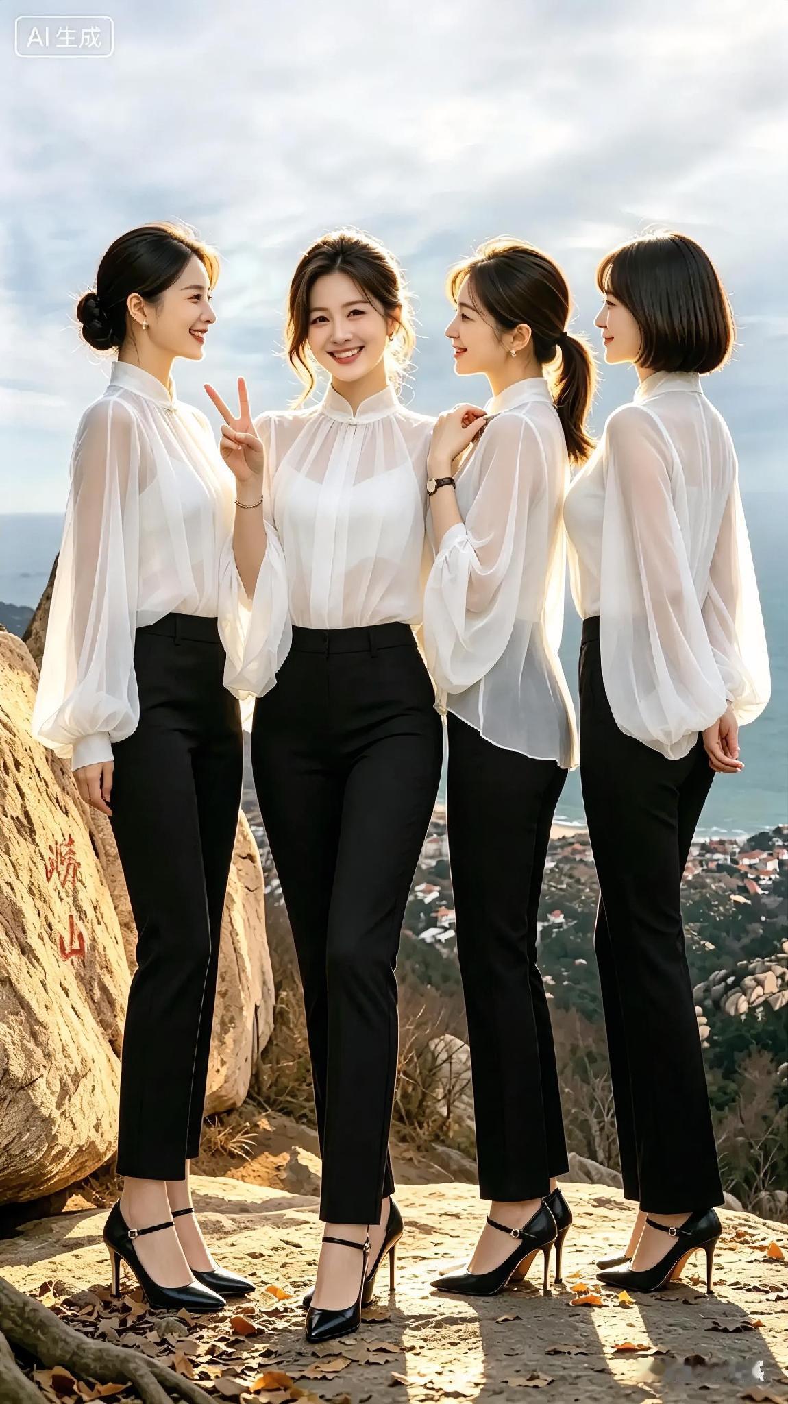山顶美女们看风景，美女们自己也是别人眼中的一道亮丽的风景线。