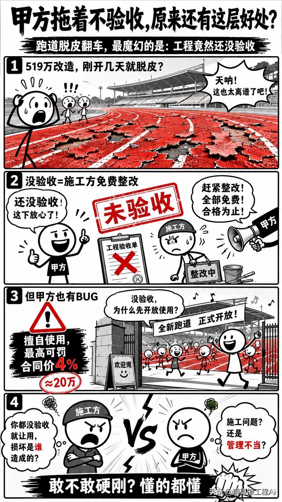 现在知道甲方拖延验收的好处了吧！519万改造的体育场，红艳艳的塑胶跑道，刚开放没