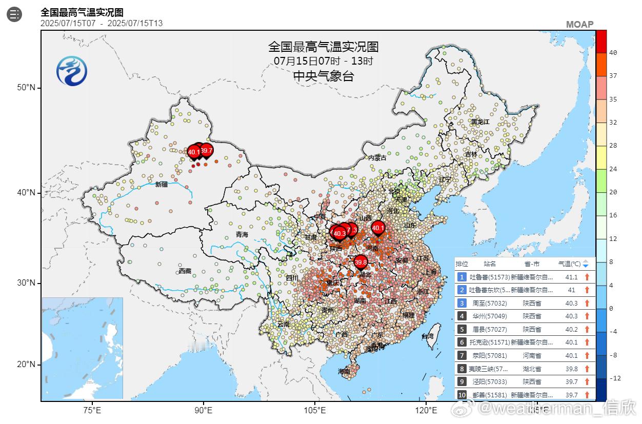 【高温】今天截至13时最高气温，新疆、陕西、河南已经有7个站点达到了40℃以上。
