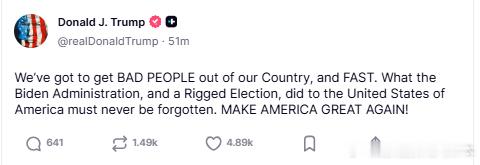 【黄金时代】川普誓言把坏人赶出美国川普：我们必须尽快把坏人赶出我们的国家。拜登政