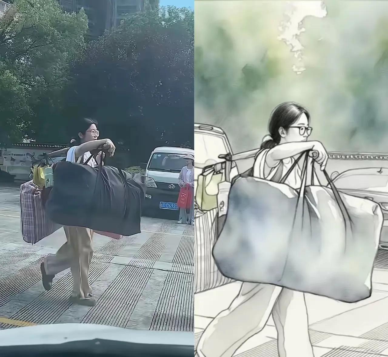 这下知道了，原来女孩用扁担挑的是三床被子！这意外的景象，吸引了所有人