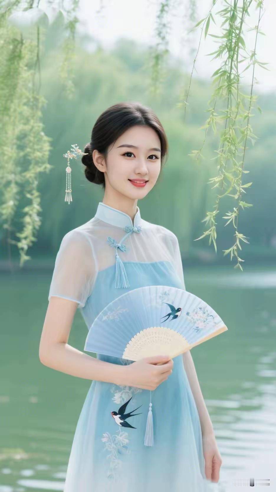 古典优雅，浅蓝旗袍，手持团扇，湖畔仙子