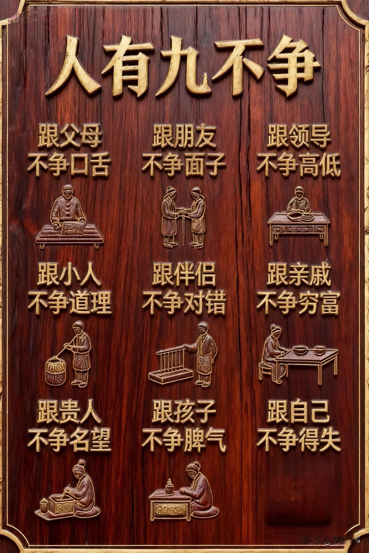 人有九不争。[祈祷]跟父母不争口舌，跟朋友不争面子，跟领导不争高低，跟小人不争道