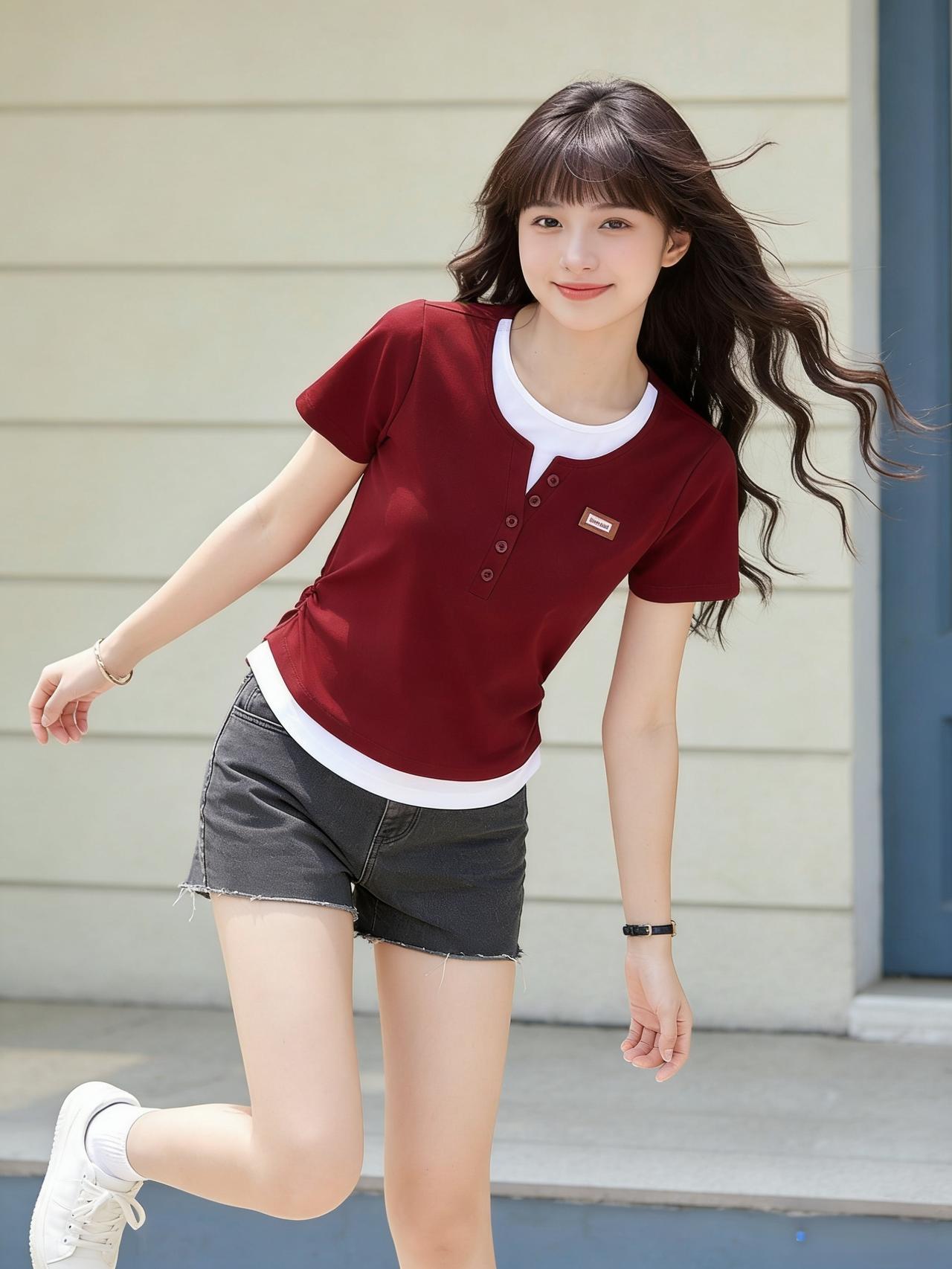 一身红白撞色穿搭，瞬间点燃青春活力！红白条纹T恤，经典撞色设计，热情洋溢又不失清