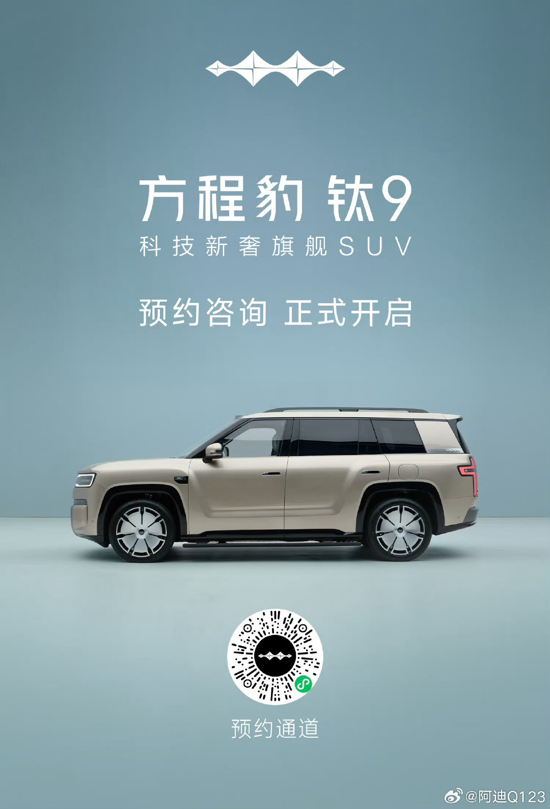 钛9是方程豹全新DMS全新混动平台首发车型，6种车身颜色选择，方程豹系列首位9系成员，开始预约了接下