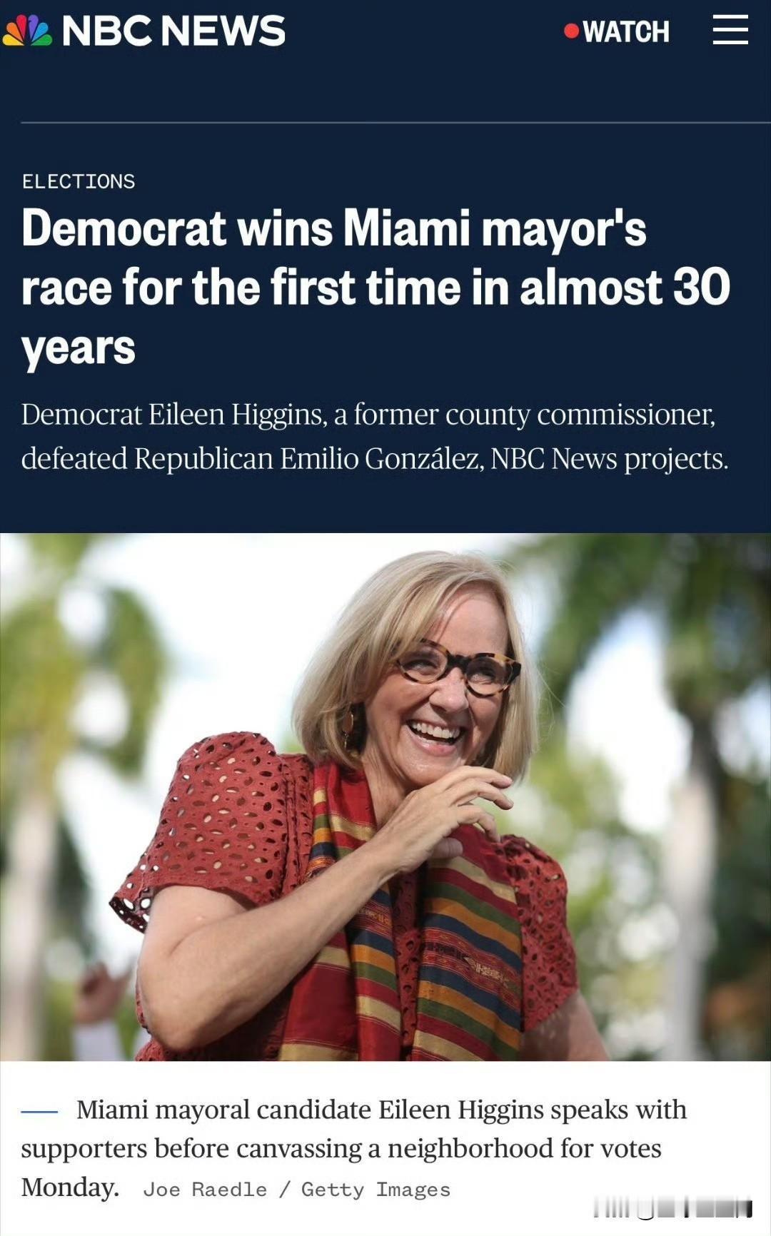 迈阿密30年来首次选出民主党市长，民主党候选人希金斯59%:41%大比分击败川普