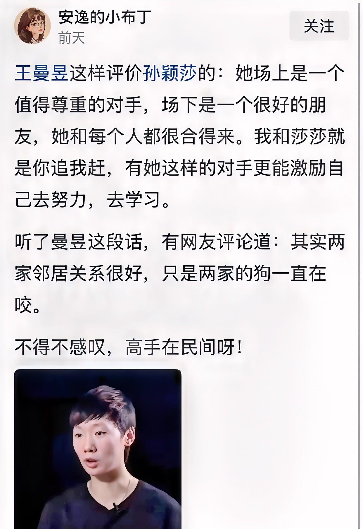 读王曼昱评价孙颖莎有感：其实两家邻居关系很好，只是两家的狗一直在咬！这一句画龙