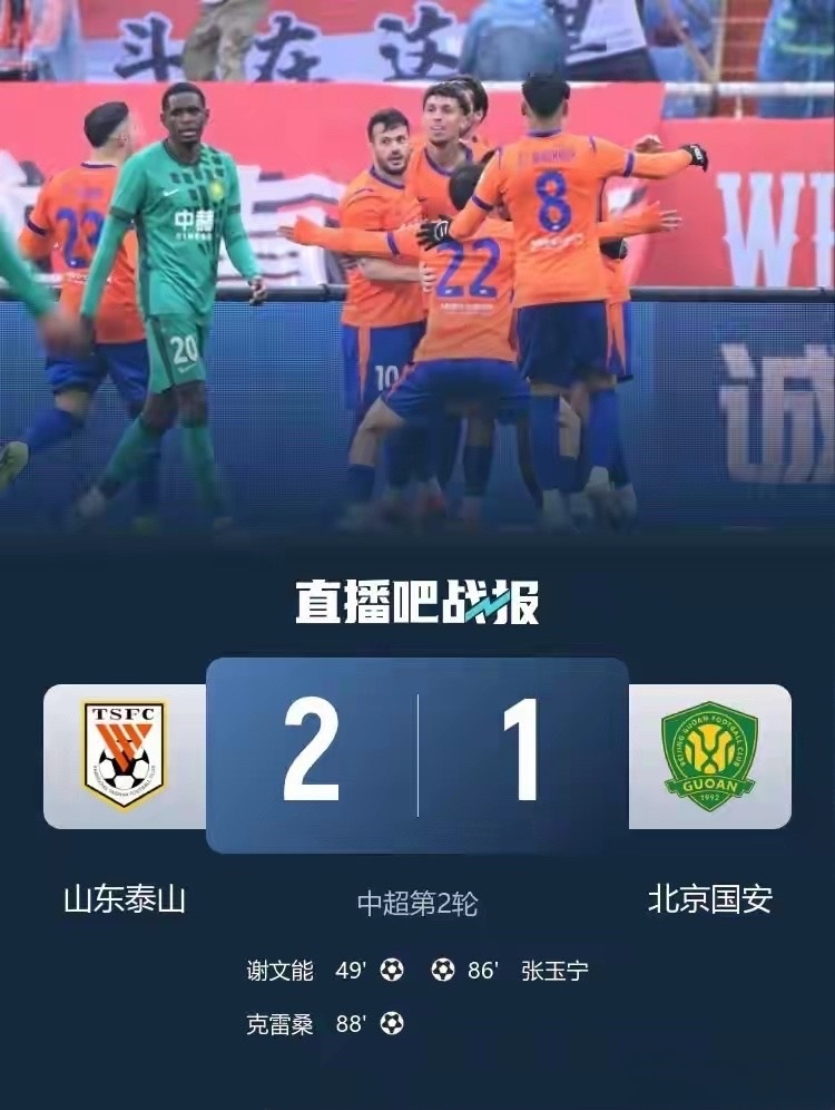 中超第二轮，泰山2-1胜国安，取得两连胜，给球员打分如下：1、王大雷：7分2、黄