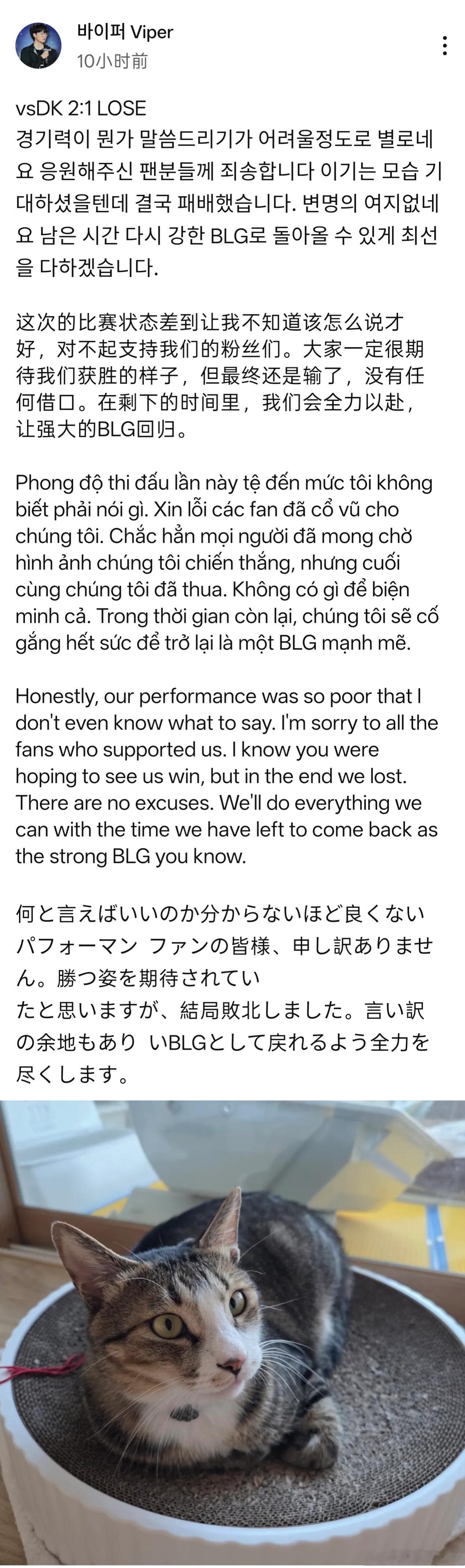 Viper赛后长文致歉：这次的比赛状态差到让我不知道该怎么说才好劳累啊Viper
