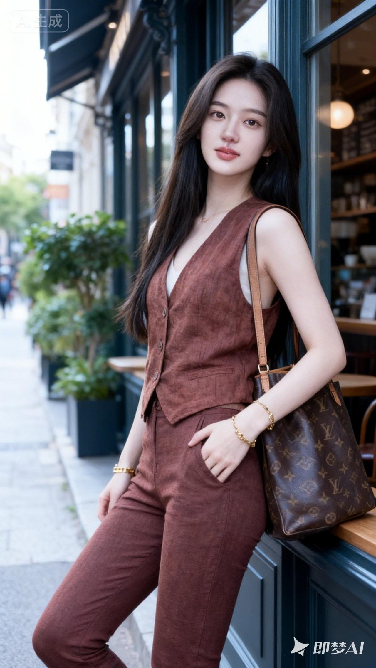 都市时尚女孩，棕色套装搭配LouisVuitton包包，自信满满！