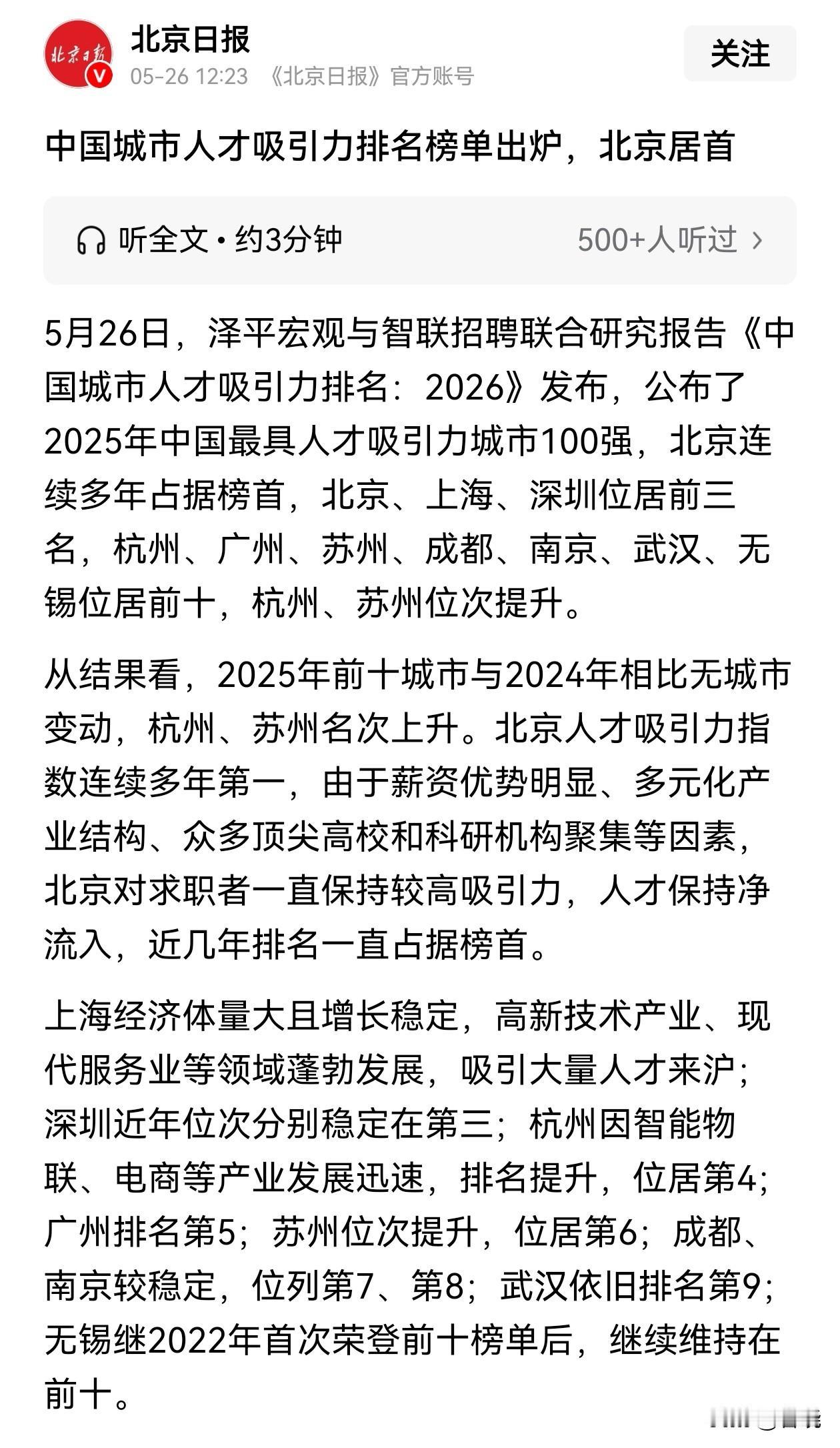 北京日报最近公布2026全国城市人才吸引指数排名：前50名中东部地区最多达36