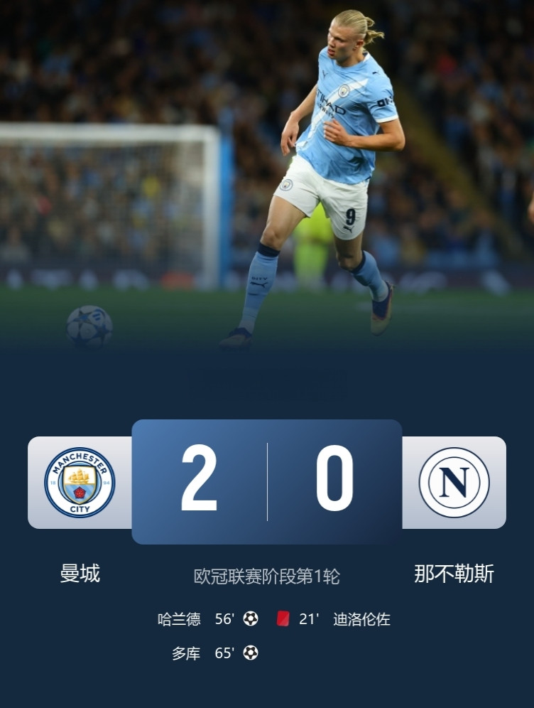 曼城2-0十人那不勒斯，取欧冠开门红！此役，哈兰德欧冠50球+造红牌，多库个人秀破门！德布劳内首发2