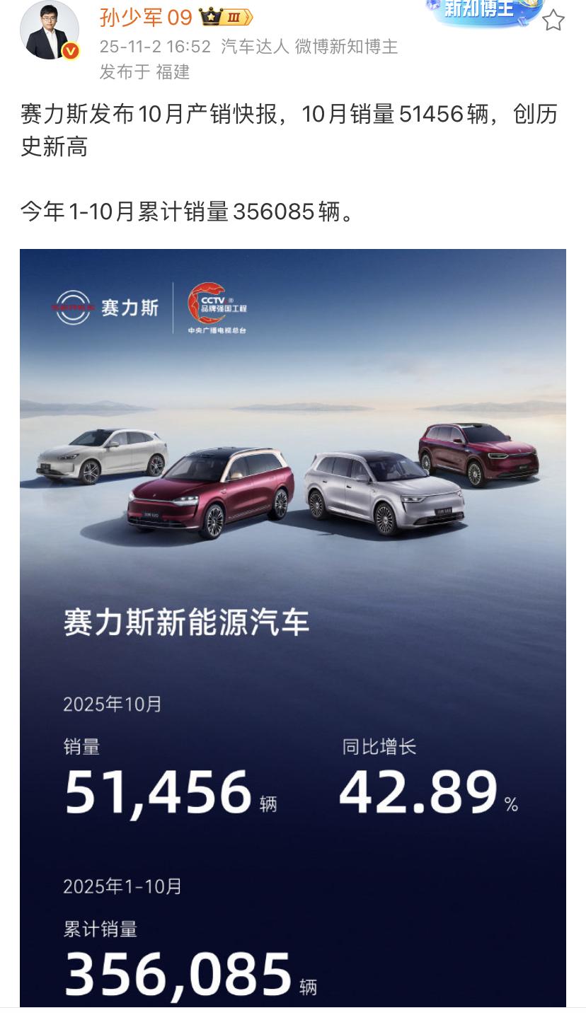 赛力斯卖爆了！赛力斯发布10月产销快报，10月销量51456辆，创历史新高！赛