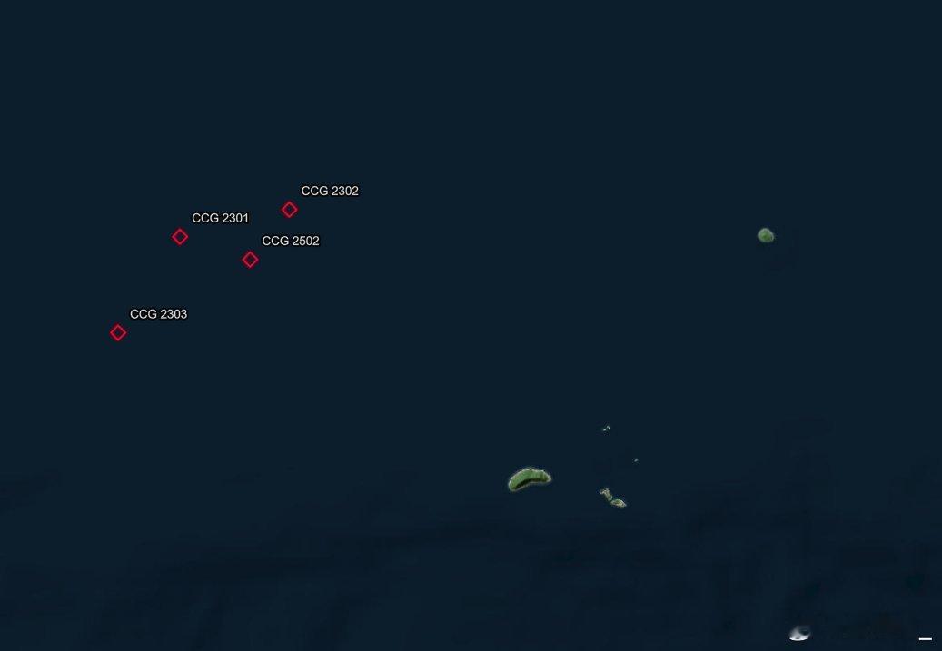 中国海警2502舰艇编队今天在钓鱼岛海域巡航。编队中还有2301、2302和23