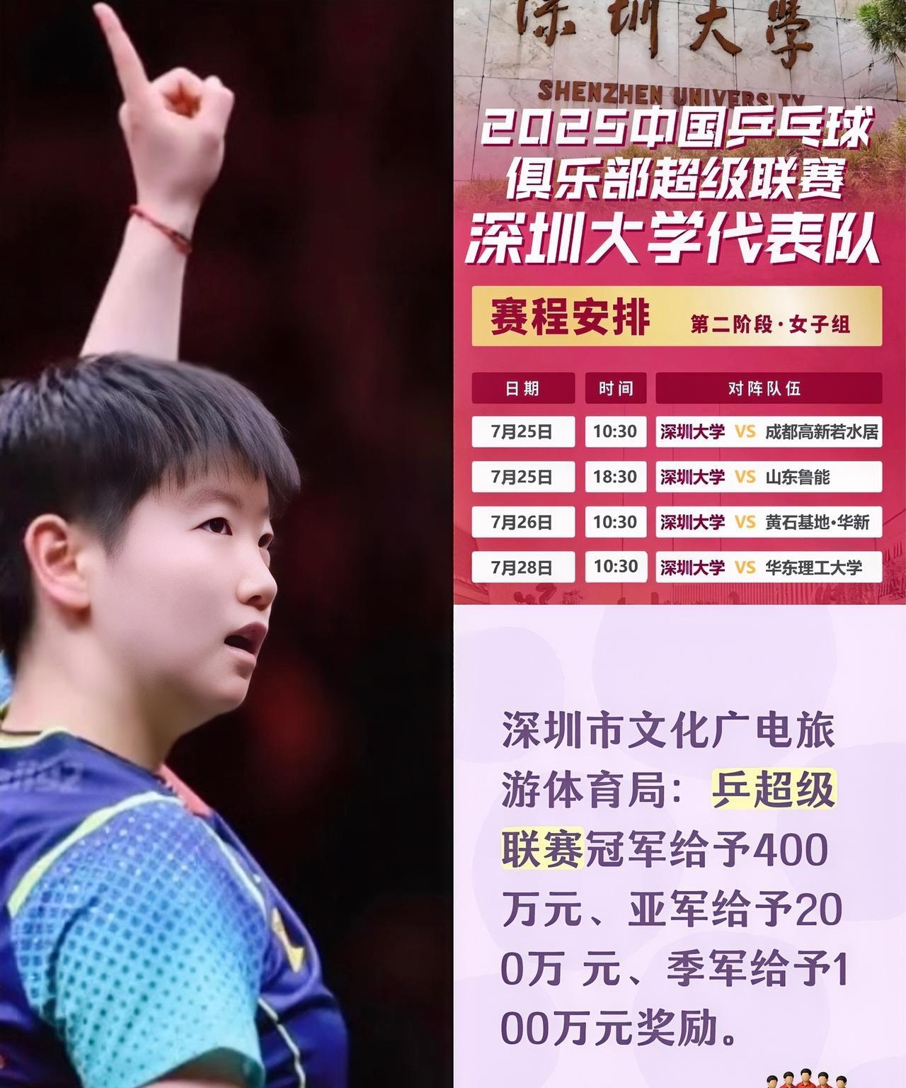 乒超联赛第二阶段7月25日开始深圳大学的赛程安排已经出来了孙颖莎第一阶段没去