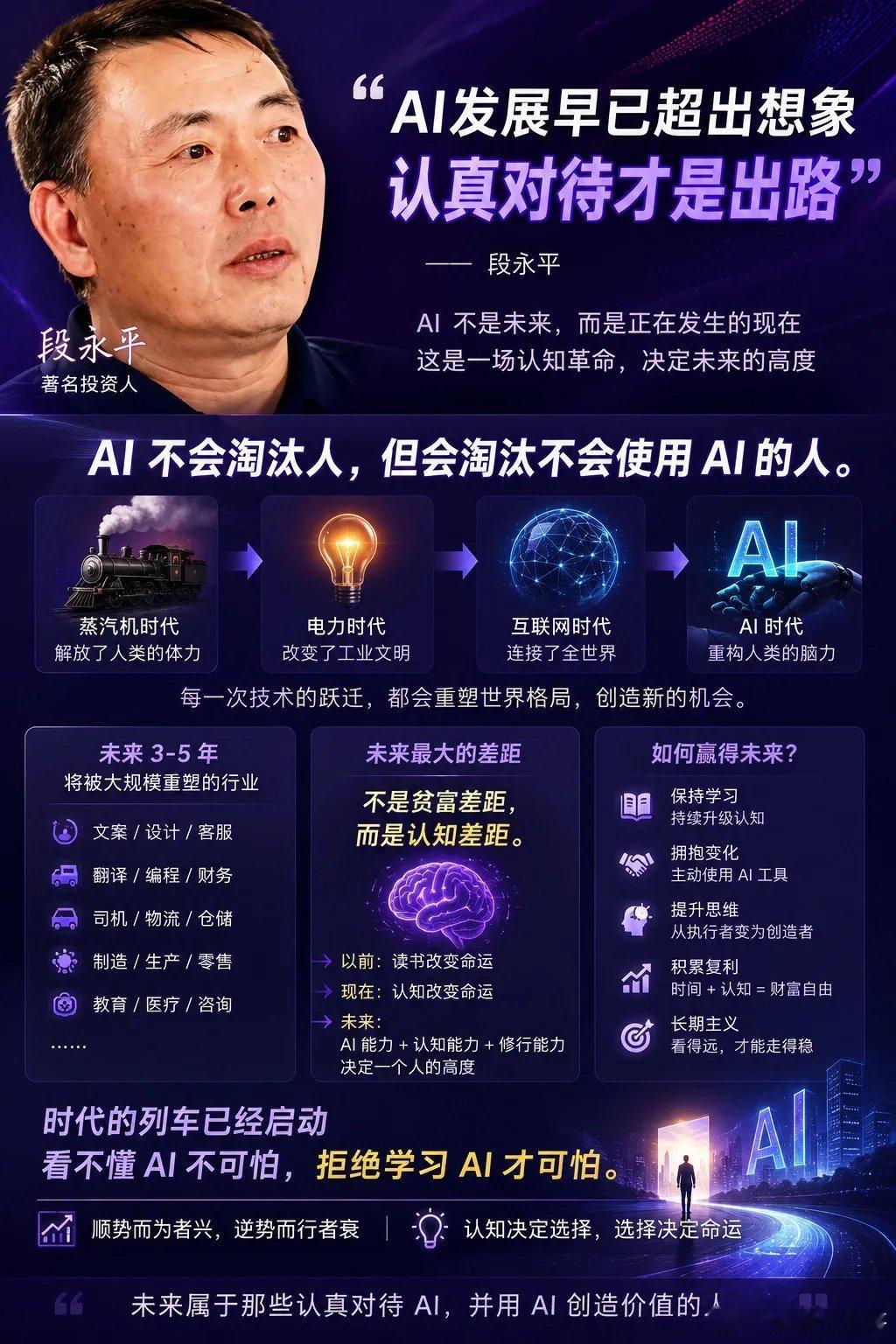 段永平说：AI的发展早已超出想象，认真对待才是出路。我非常认同这句话。很多人以为