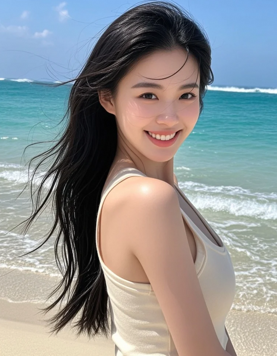 她站在海边，像是从梦境中走出的画面