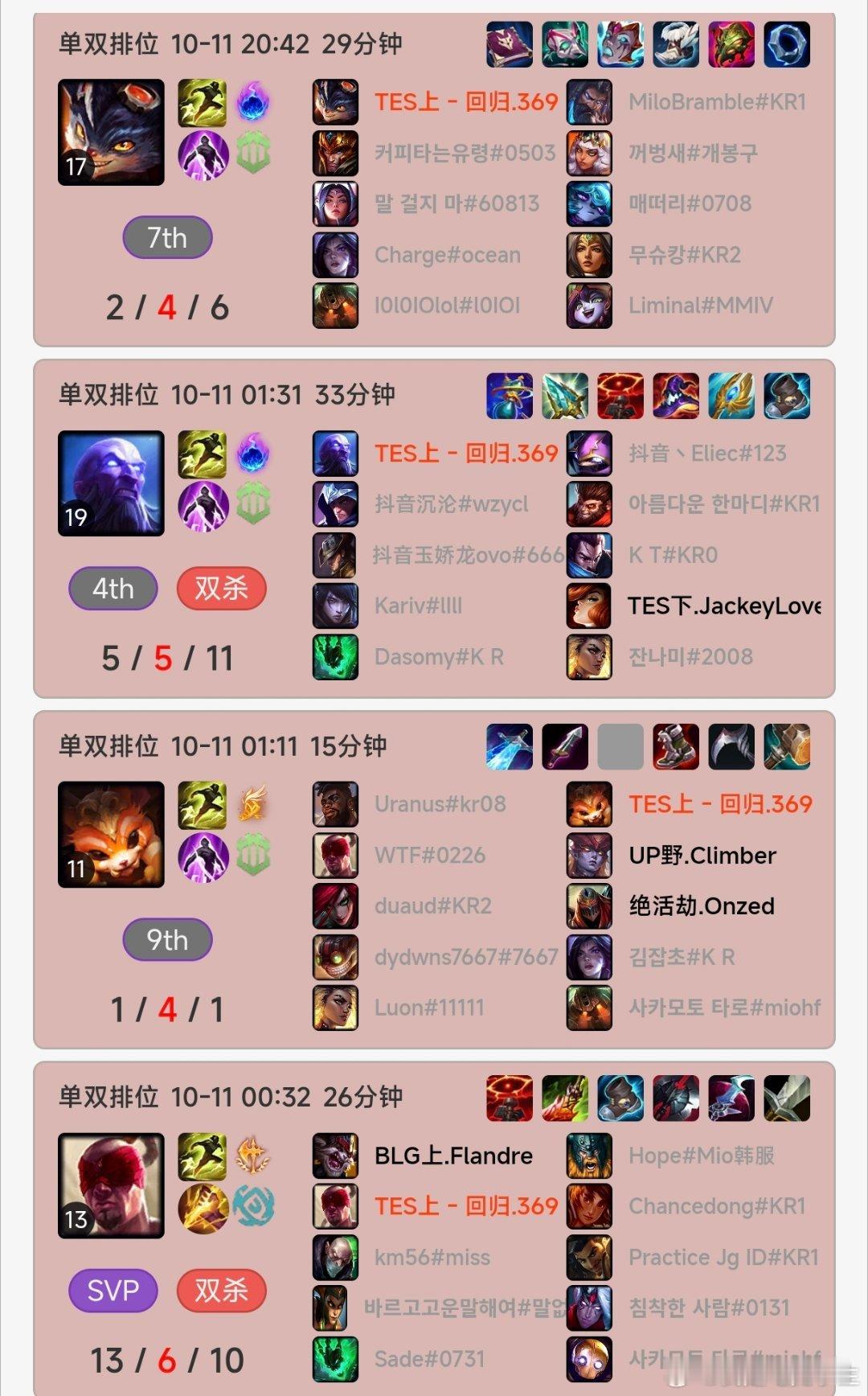 369昨天排位一波连败，状态有点下滑啊！瑞兹、纳尔、兰博还是少玩吧！369和Ka