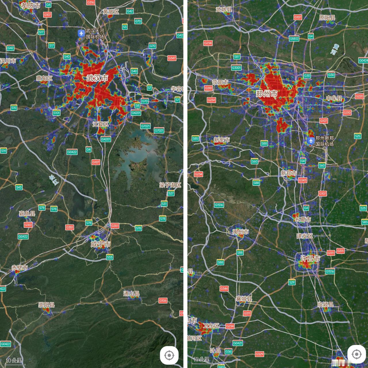 从城市热力图看郑州与武汉的市区面积大小其实差不多。唯一的区别就是郑州地势平坦，武