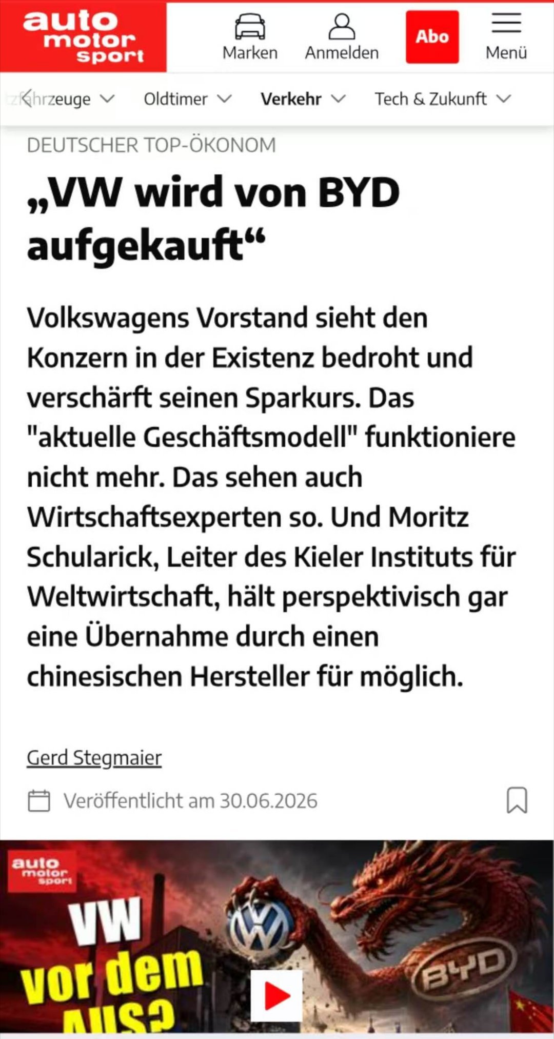 德国经济学家：大众将被比亚迪收购德国汽车杂志《automotorundsp