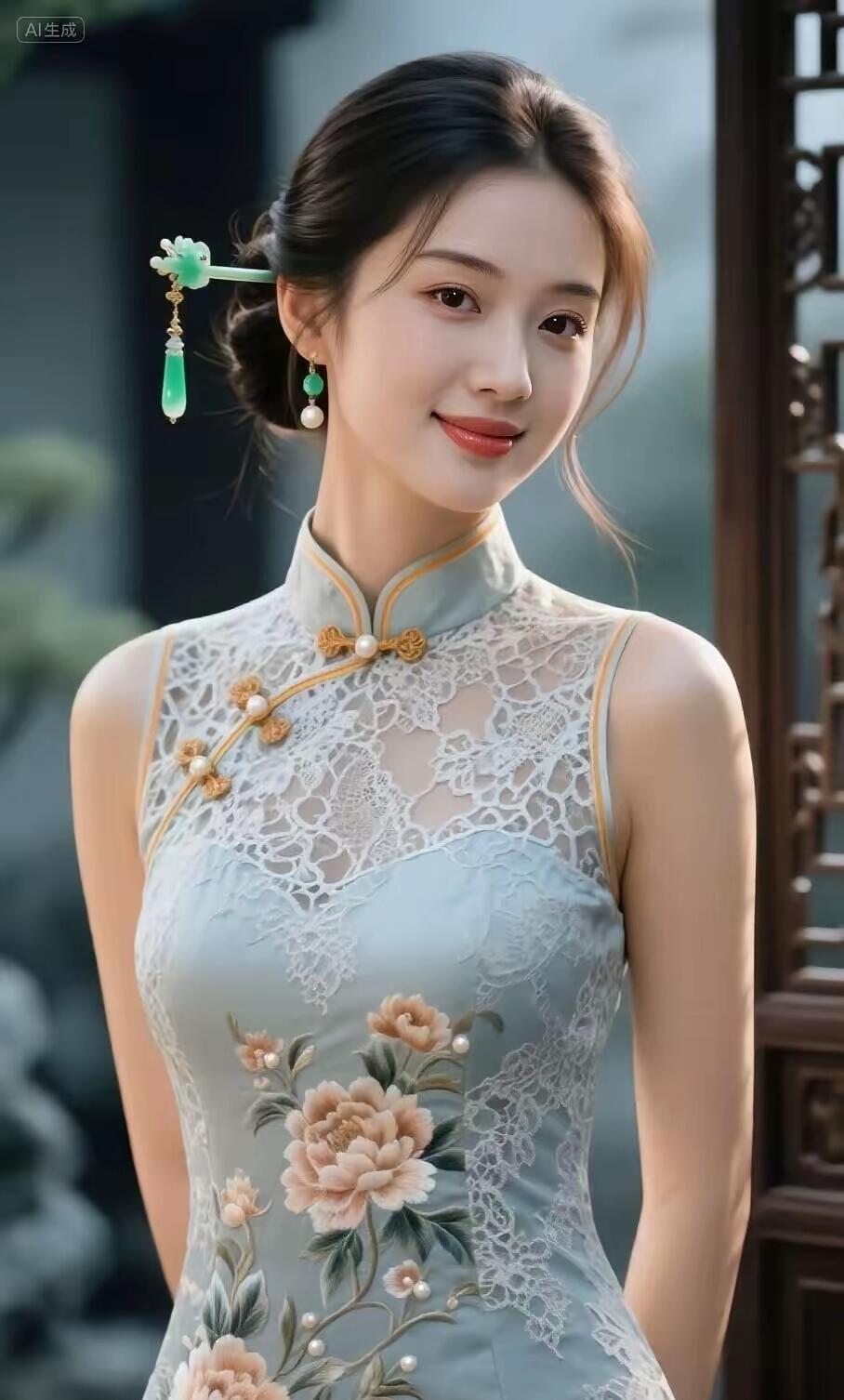 青丝绾发，玉簪轻摇。