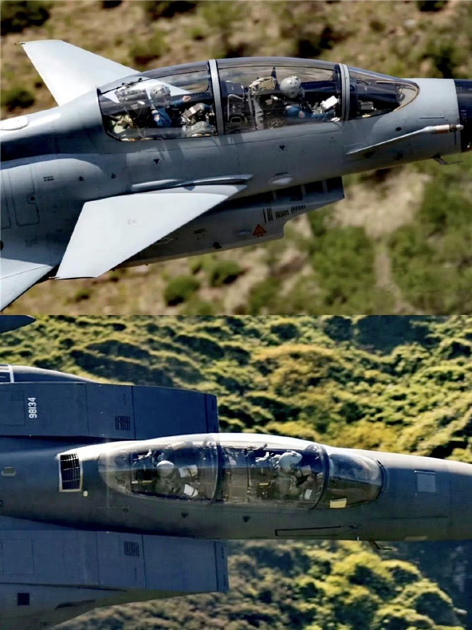 图中上方是中国歼-10S（双座猛龙），作为歼-10的双座教练/作战改型，保留完整