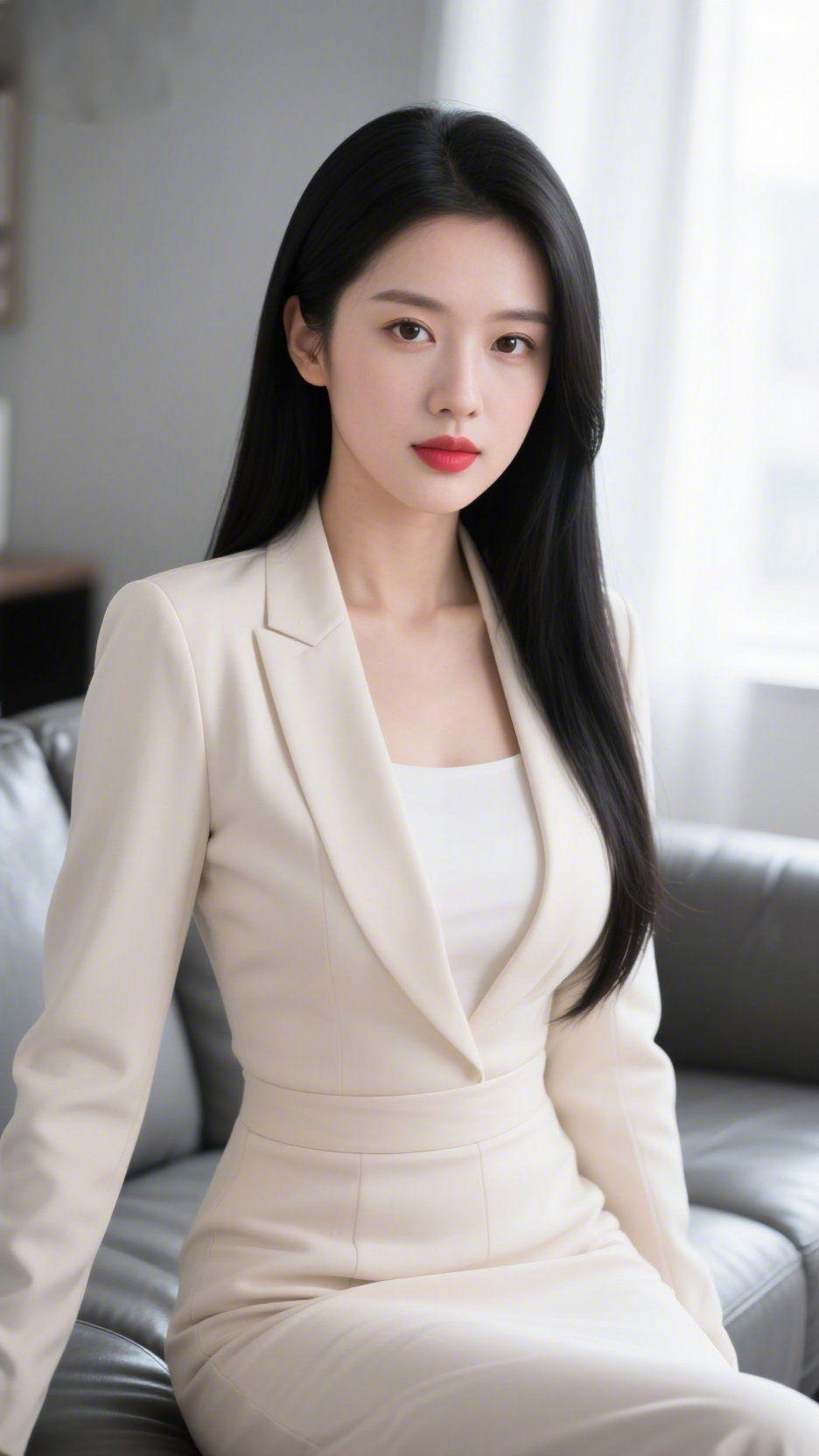 柔光里的舒展意浅米色西装衬着舒展的肩线，长发垂落肩侧，发梢轻扫衣料的弧度，