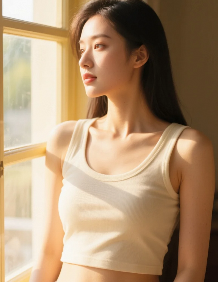 窗边的亚洲美女，在自然光中散发青春活力