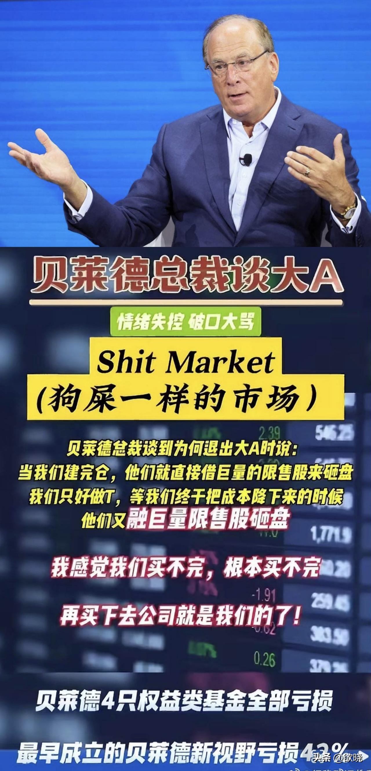 网上流传美国贝莱德（BlackRock）总裁拉里·芬克痛斥中国股市是“Shi
