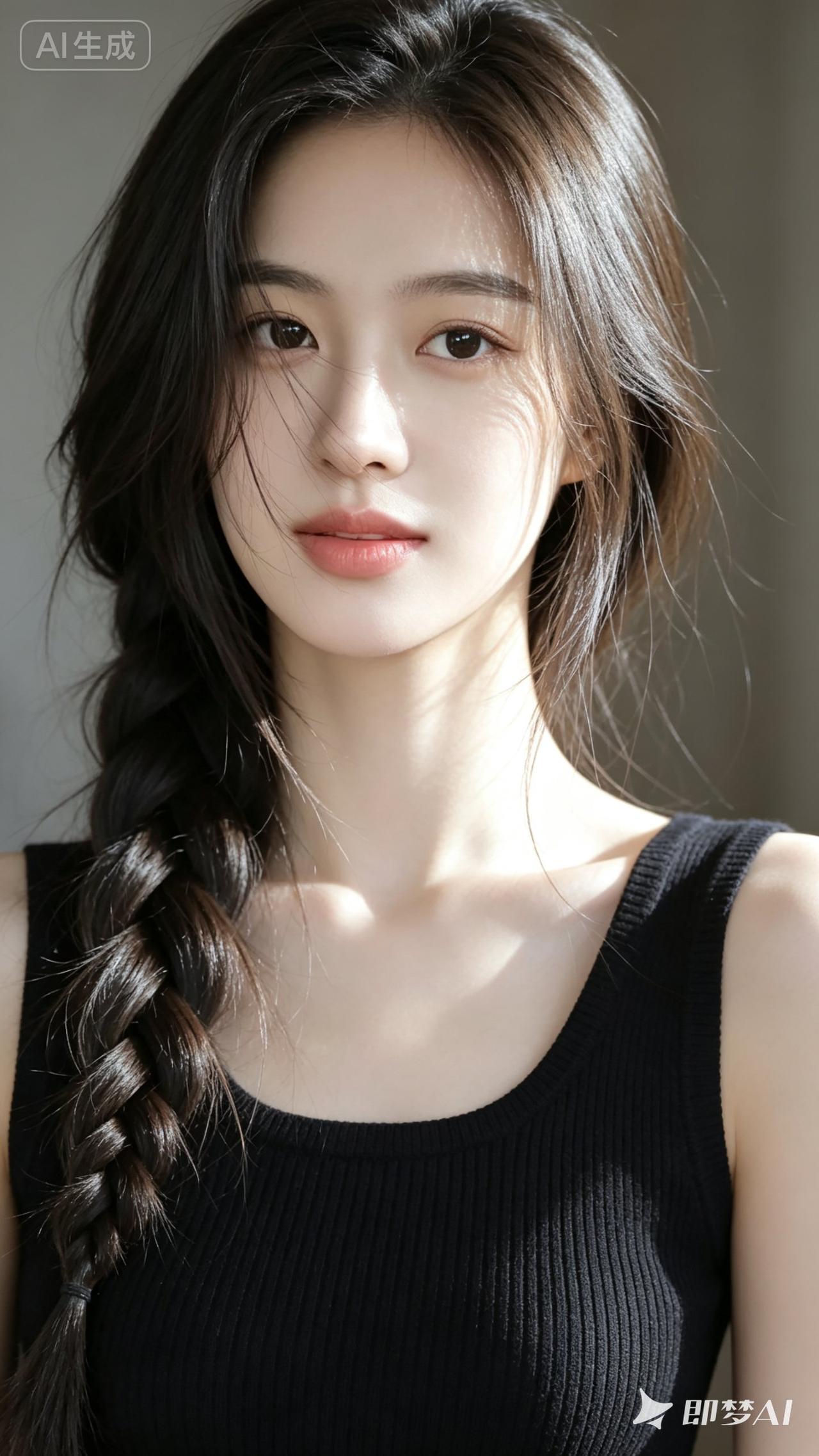 温柔甜美的少女，黑发编辫，穿着黑色无袖上衣，散发自然魅力。