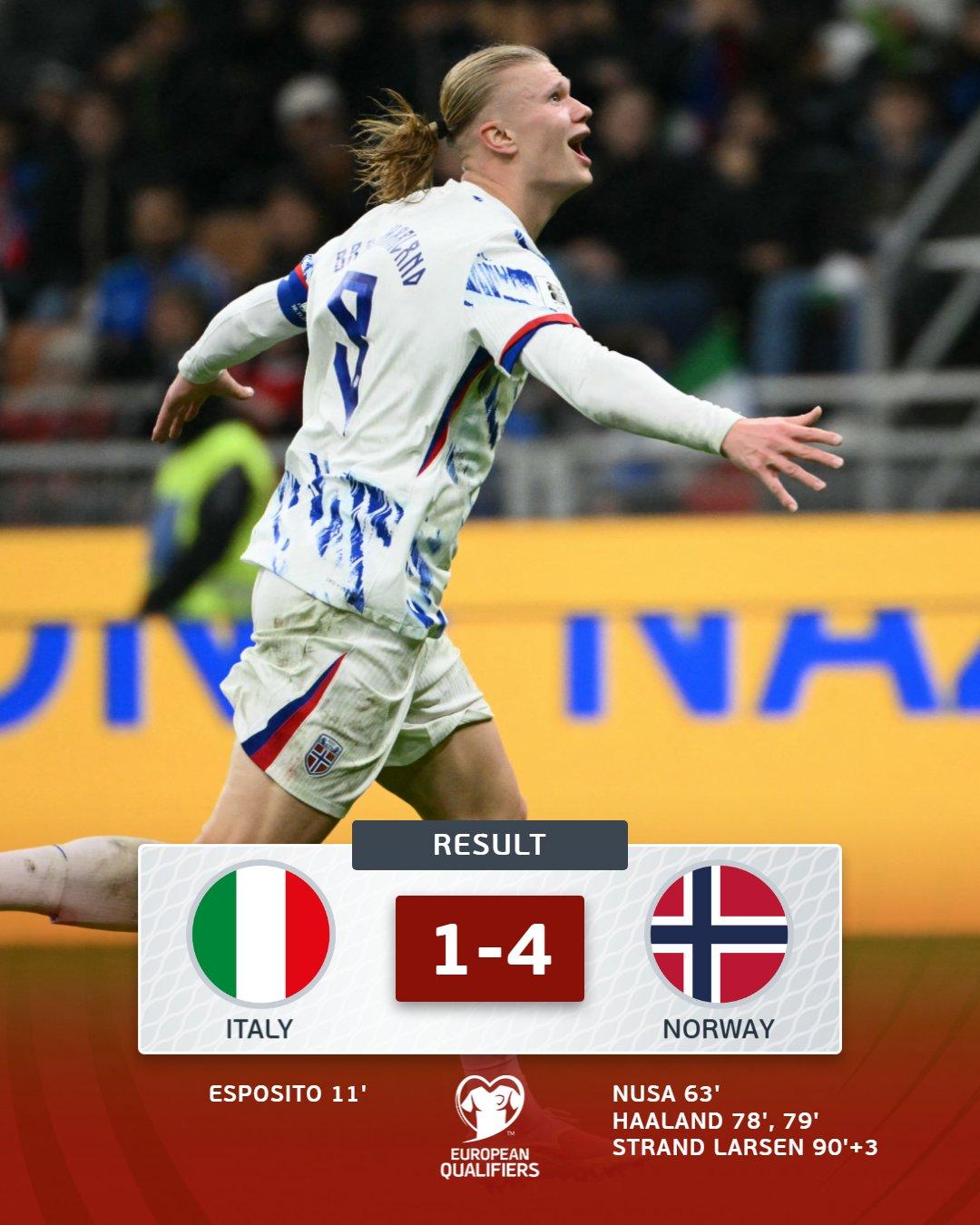 【进球机器】世界杯预选赛欧洲区I组最后一轮，挪威客场4-1击败意大利，以8战8胜