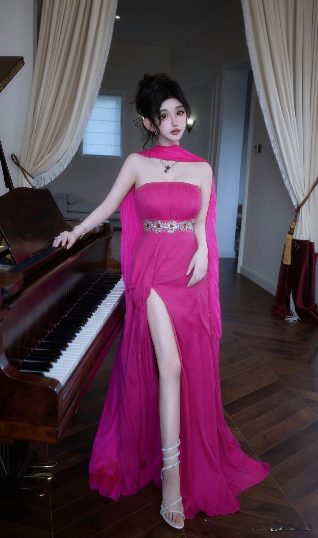 优雅钢琴女郎，粉色长裙飘逸，复古钢琴旁，梦幻氛围。