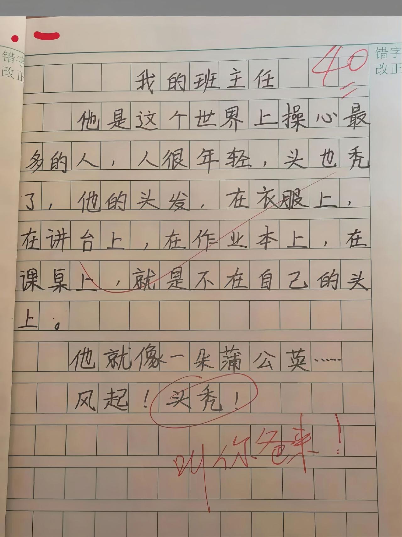 这篇作文被班主任很人性化的给了40分，既没有给0分，又没有给负分，还给圈了了错别