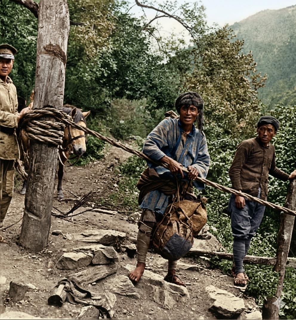 20世纪20年代，四川山区，中间的年轻人紧握溜索木杆，正准备横渡峡谷河流——这是
