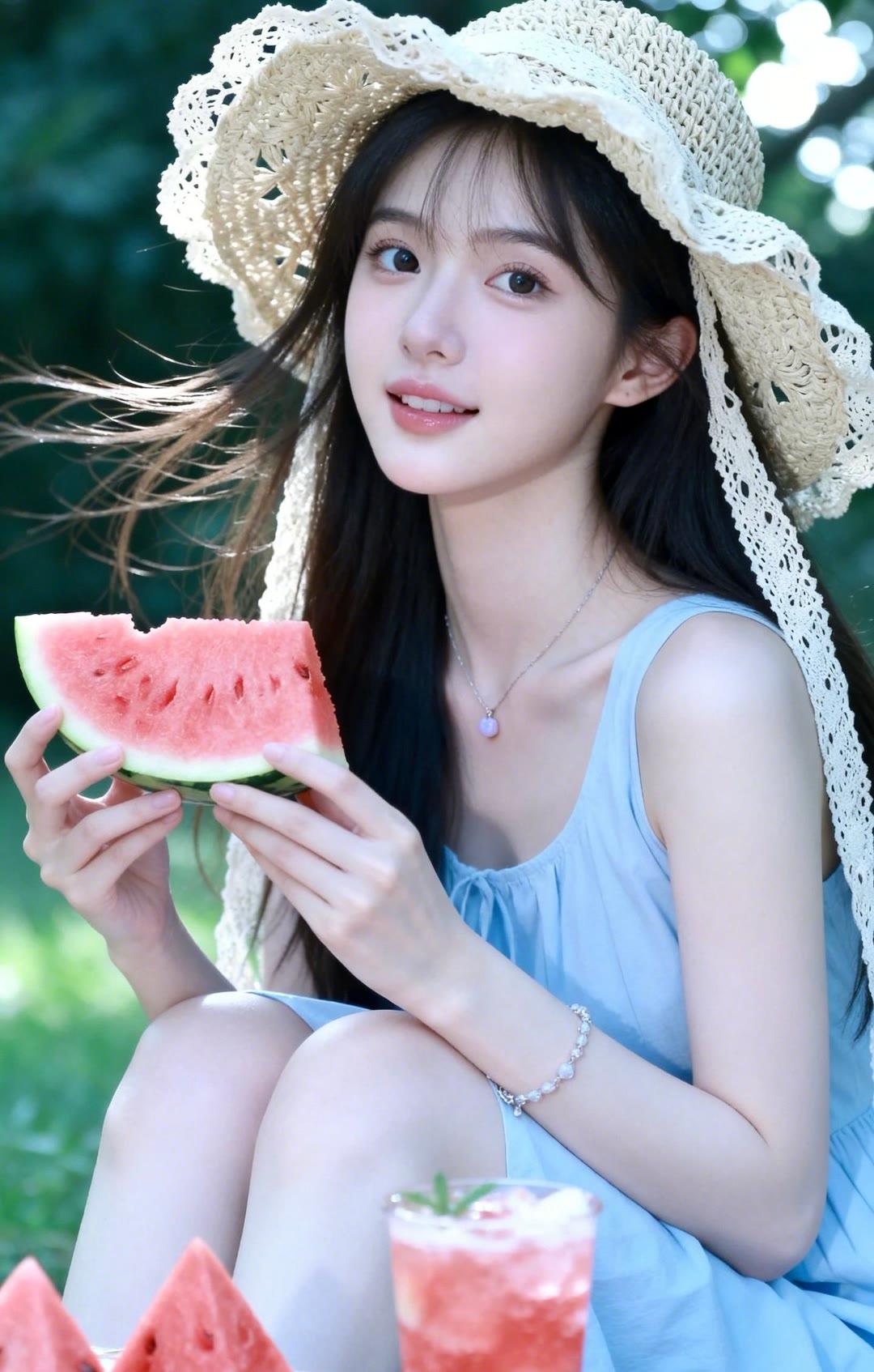 夏日清新少女，享受西瓜与饮料的惬意时光。
