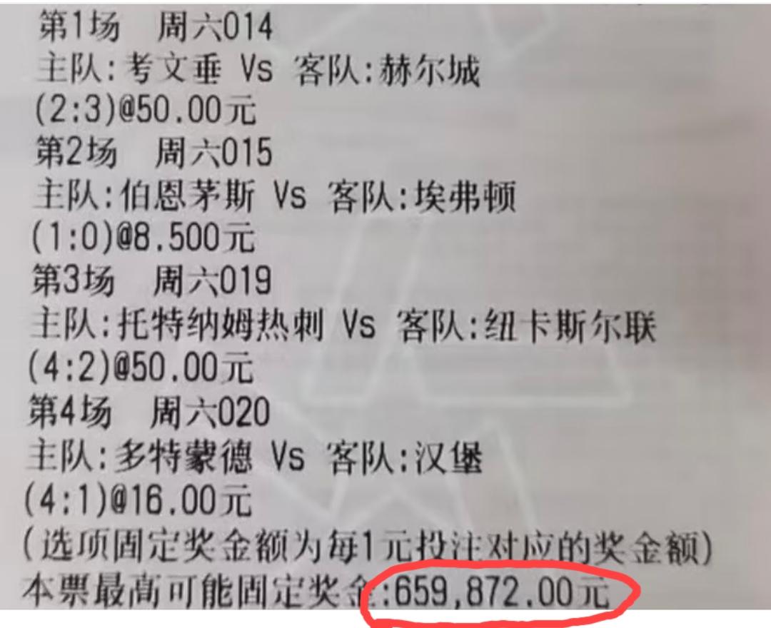 2块钱博66万，这兄弟是不是遇上什么难事啦？网上看到的一张彩票，4串1的票，单