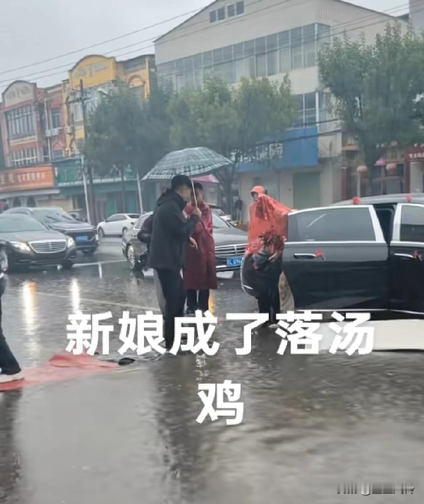 新娘成落汤鸡了，这么多人打伞没一个给新娘遮雨，新郎你走最前面是赶着去喝喜酒吗？