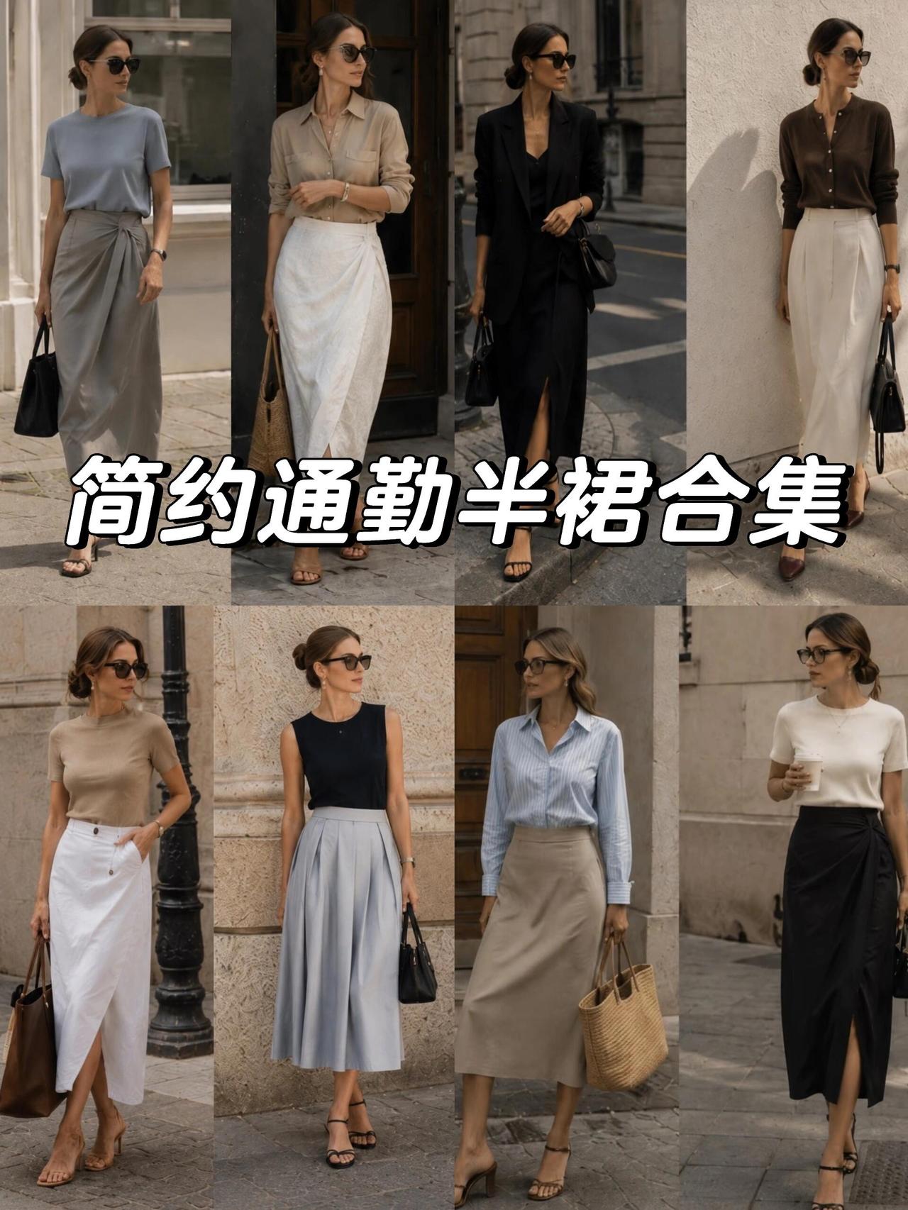 简约优雅通勤风，轻松拿捏得体高级感！各式质感中长半裙是整套穿搭核心，裹身、百褶
