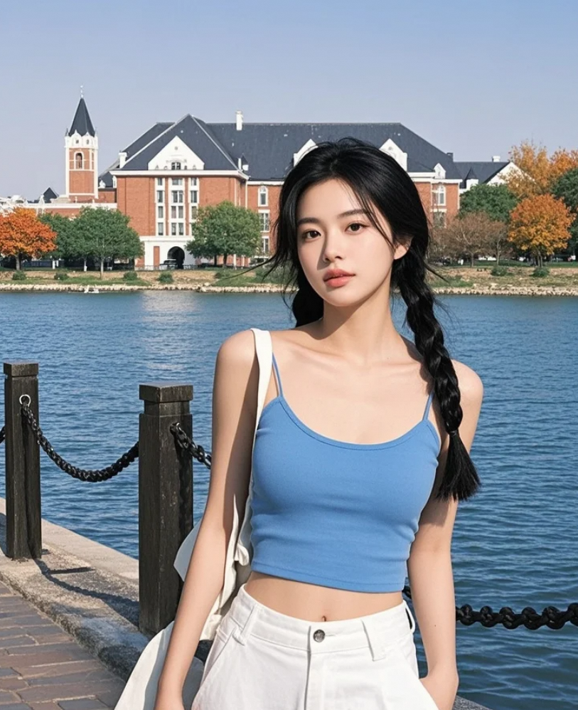 河边盘发休闲风美女脖颈线美到窒息