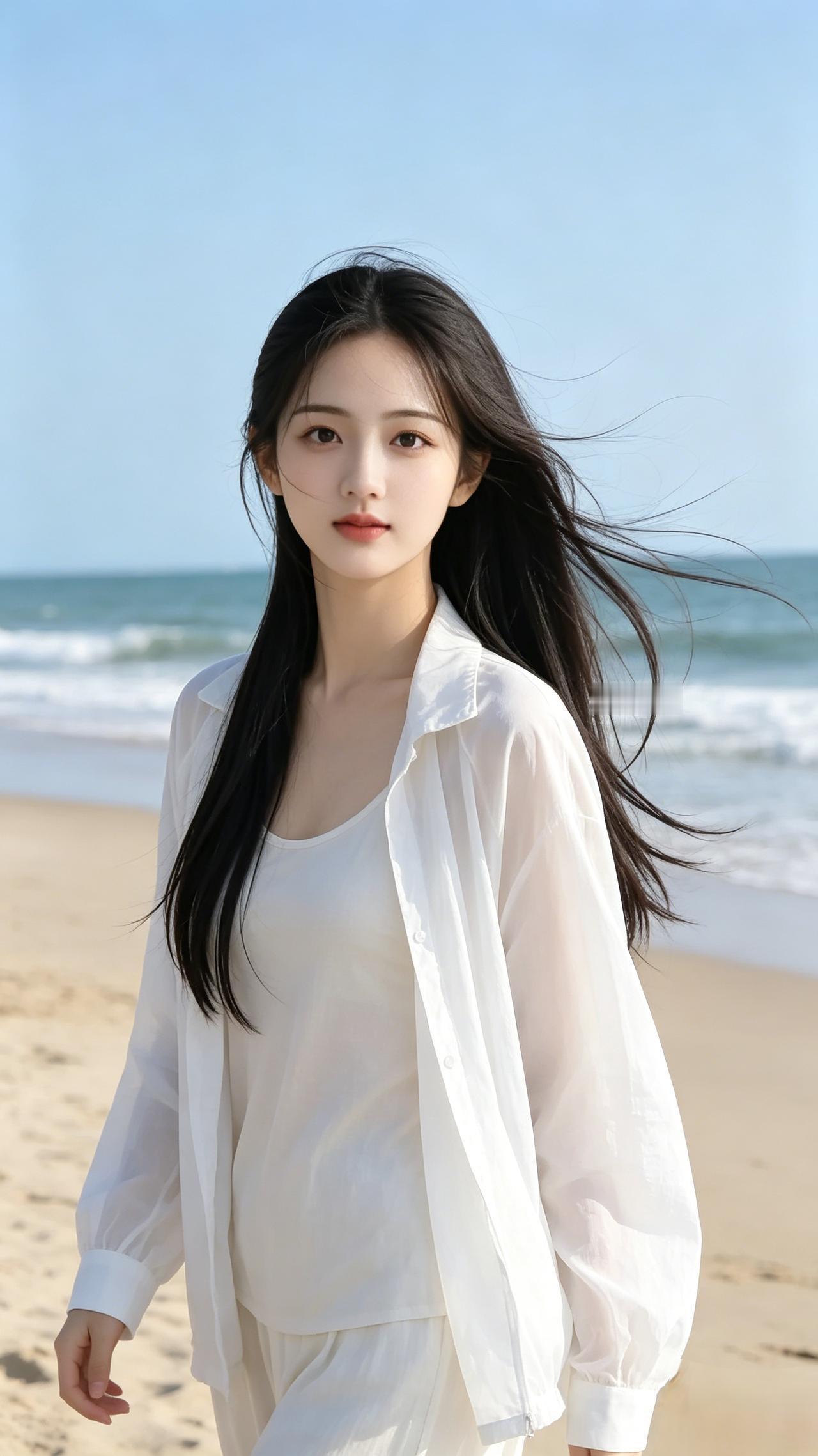 海边漫步，轻盈白衣，随风飘逸，自在如风
