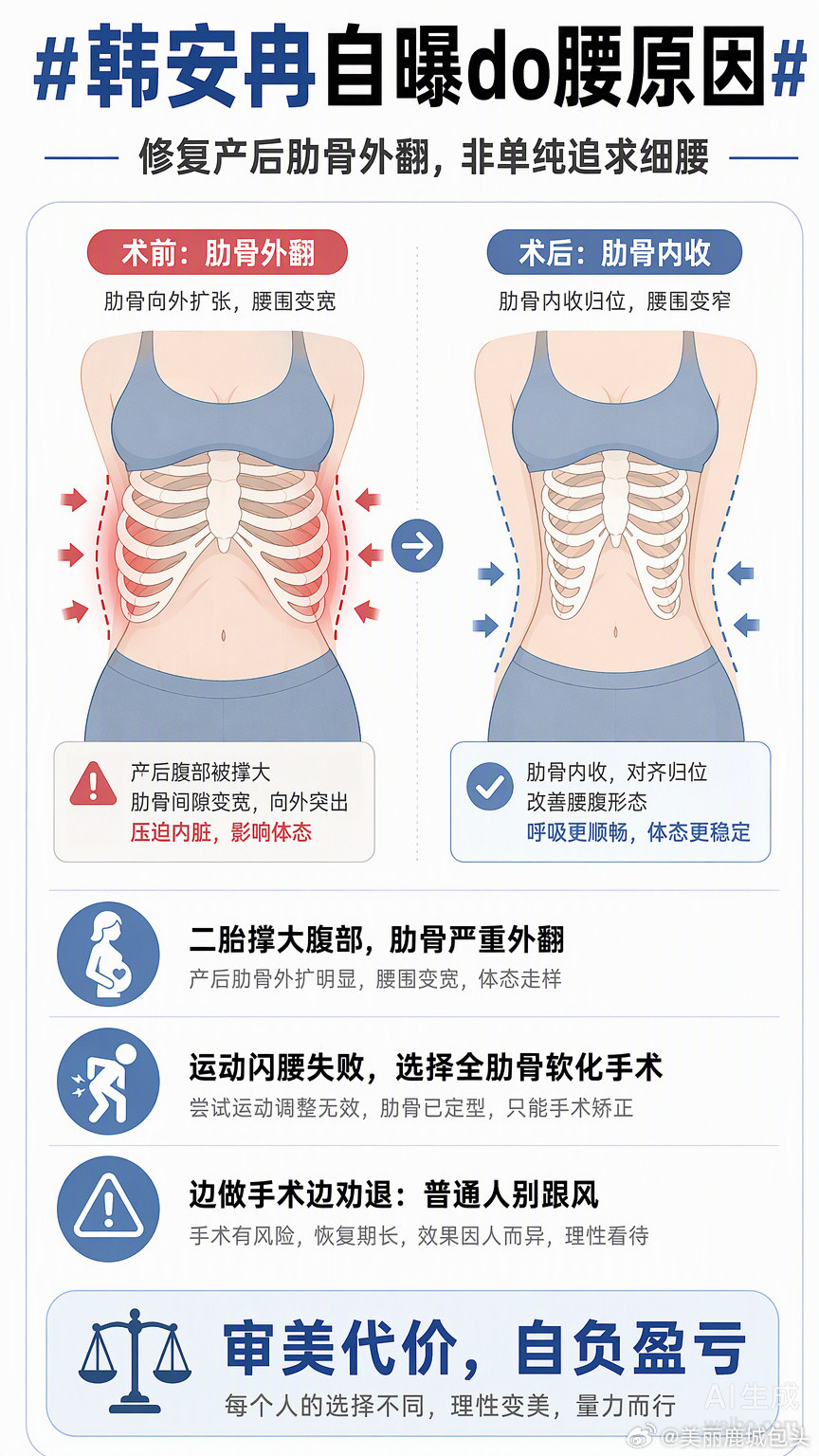 韩安冉做折角腰手术，理由挺实在。不是为了那几厘米的极致细腰，而是为了修好被二胎撑外翻的肋骨。她说骨头