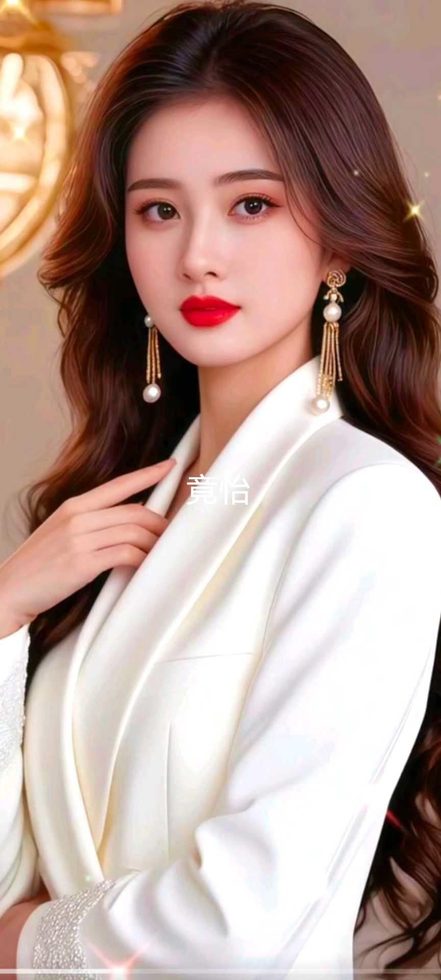 优雅白衣少女，红唇与珍珠耳环相映成辉，尽显高贵气质！