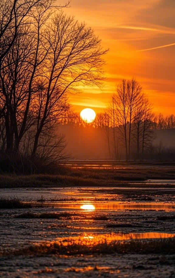 上联：落日熔金铺水面下联：枯枝剪影映霞天