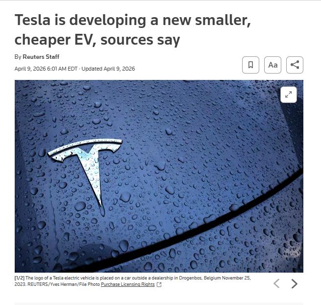据路透社报道，特斯拉正在开发一款比ModelY更小的SUV，而且很可能会放