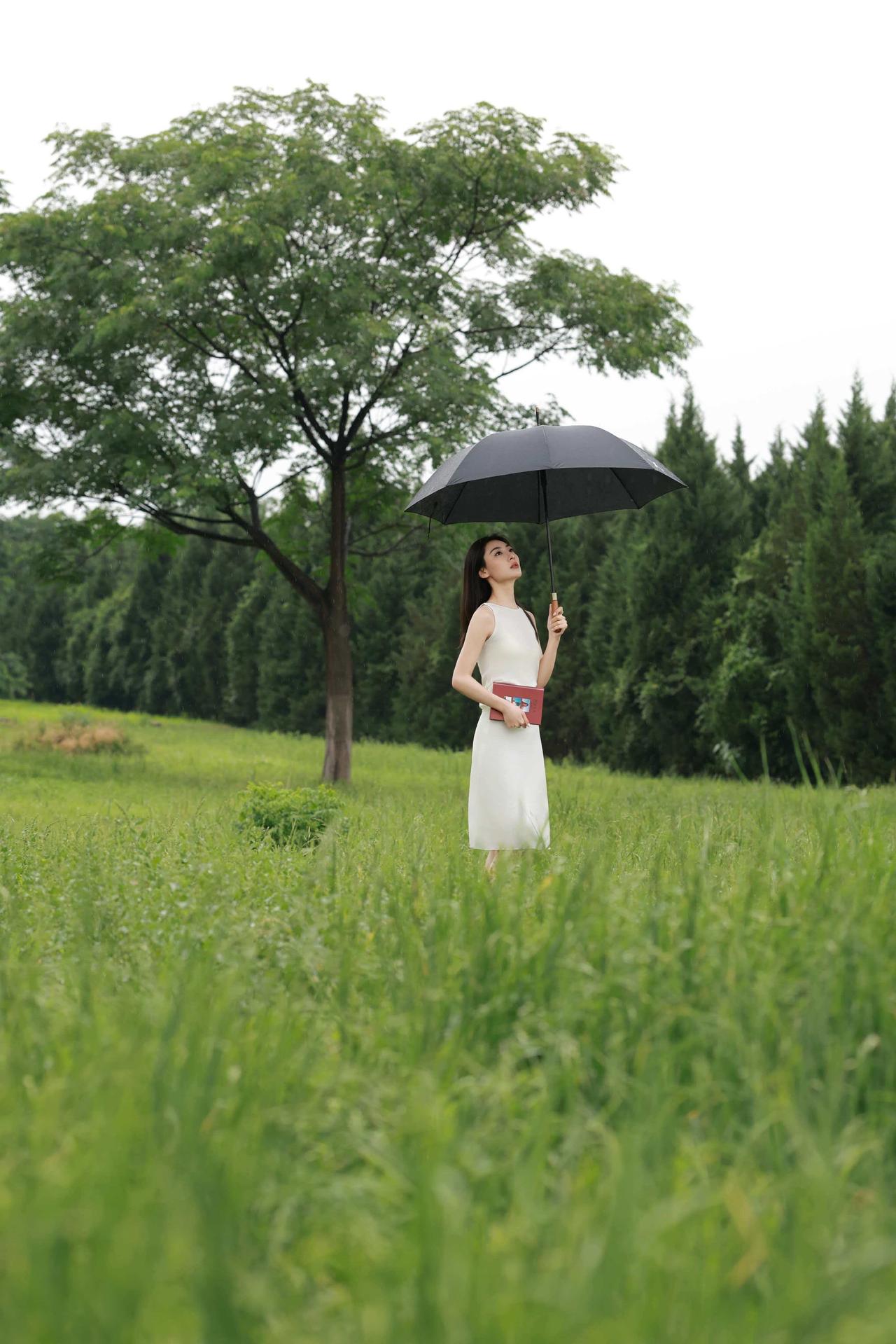 雨中漫步，撑伞漫步在绿意盎然的田野间，感受自然的宁静与美好。