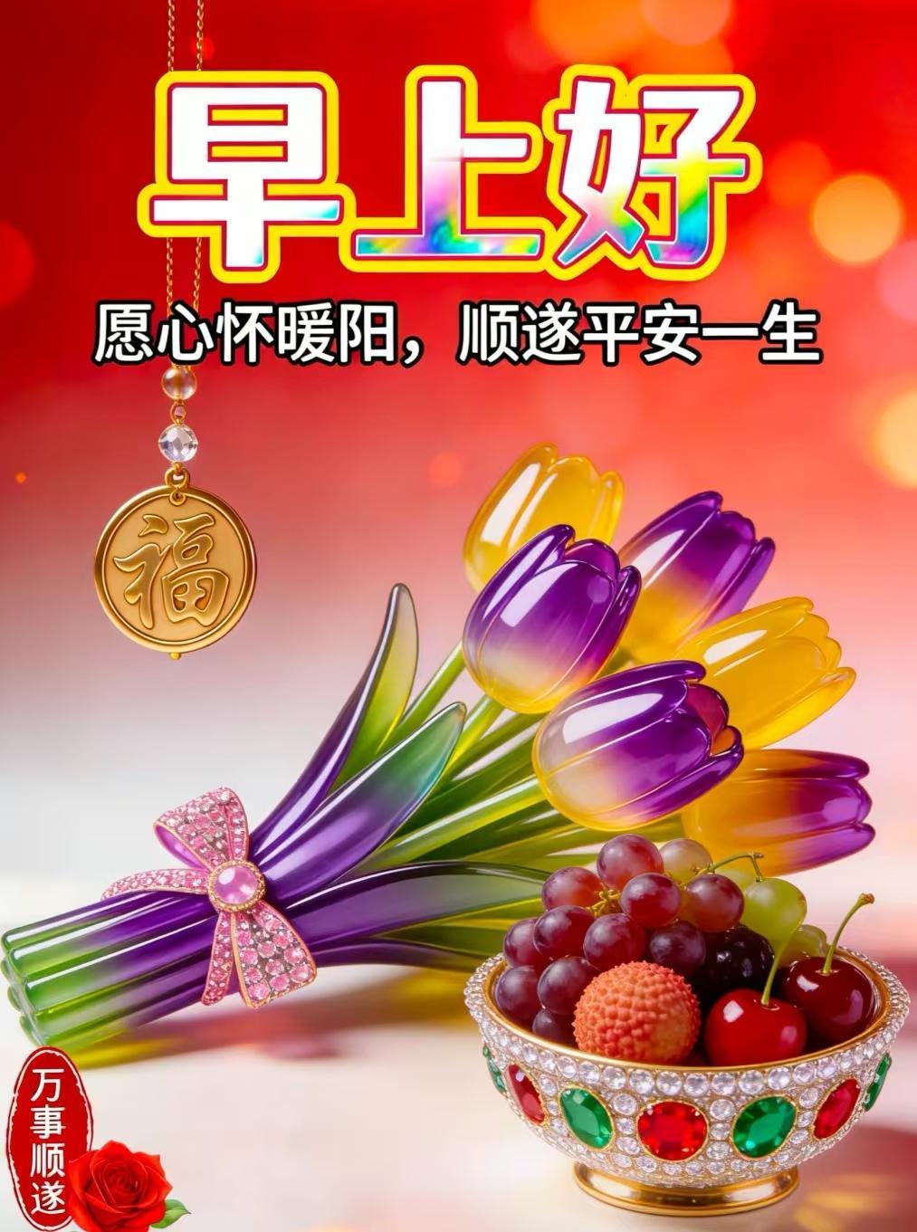 國泰民安有福享，人勤德厚保安康，清晨問候送陽光，快樂吉祥財運長。早上好！