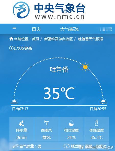 今天下午吐鲁番又冲上了35℃高温线。从5月30日以来，吐鲁番已经连续85天高温。