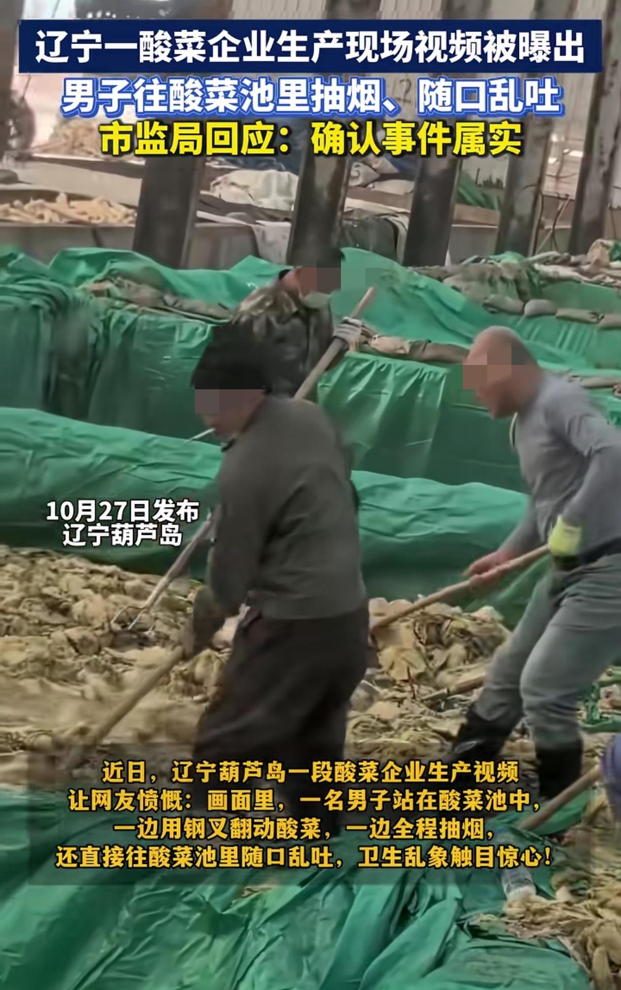 东北某酸菜厂被曝工人在酸菜池里吐痰工人全程抽烟，一边拿钢叉翻动酸菜，还往池里吐