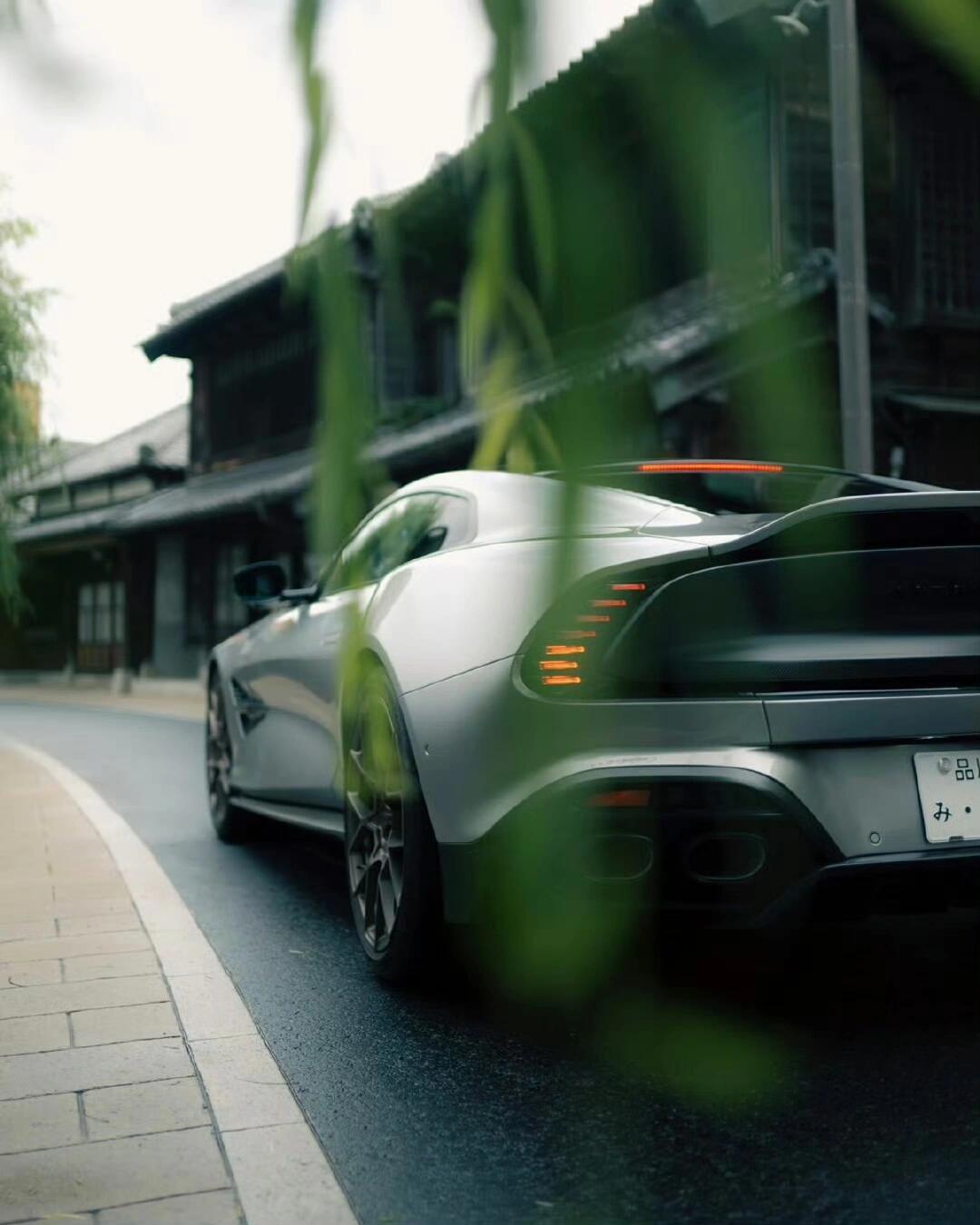 河畔静柳，银翼流光——V12Vanquish静泊河畔，柳枝轻垂银翼流光，掠过黑